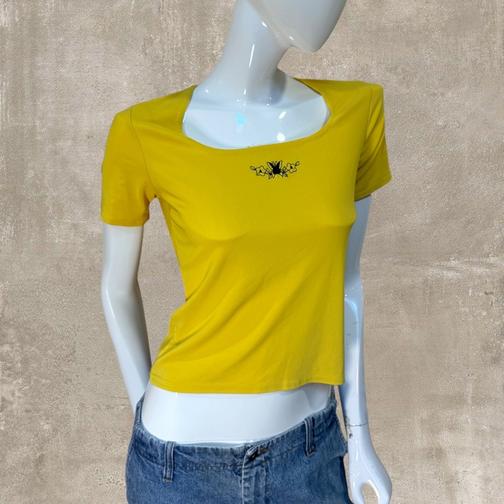 Y2K Kiki USA Yellow Butterfly Embroidered Square Neck Top | Baby Tee Medium